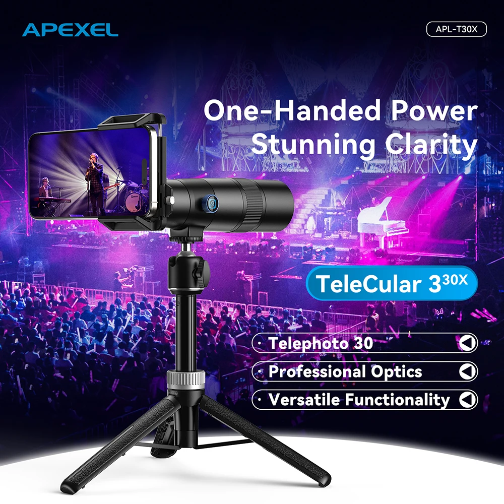 

APEXEL HD 30X Mobile Phone Monocular Telescope High Magnification Telephoto Lens Kit for iPhone 16/15/14/13 Pro Max and More