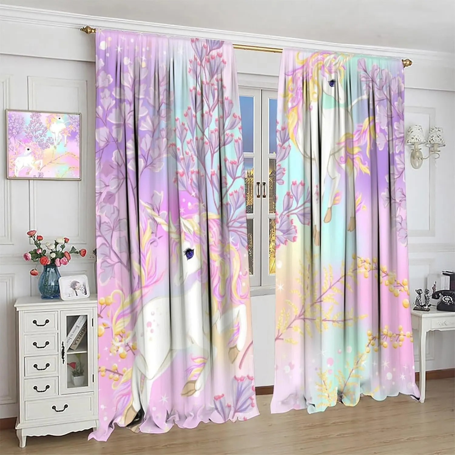 Fantasy Unicorn Curtains, Fairy Tale Flowers Pink Blue Purple Rainbow Unicorn Print Window Treatments for Girls Kids Teens