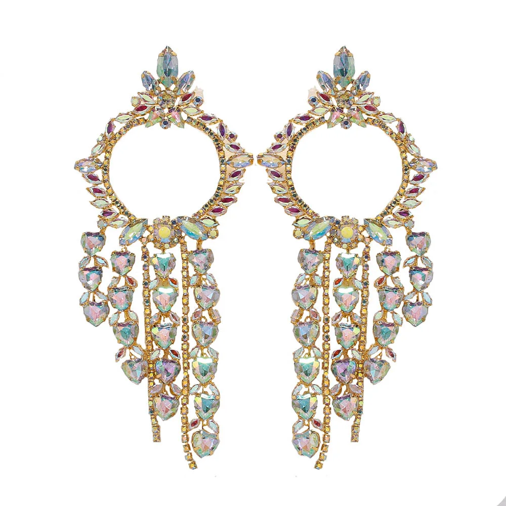 Stonefans Heart Hoop Earrings Large for Women Piercing Rhinestone Trend Fashion 2024 AB Color Tassel Jewelry Dress Accessories
