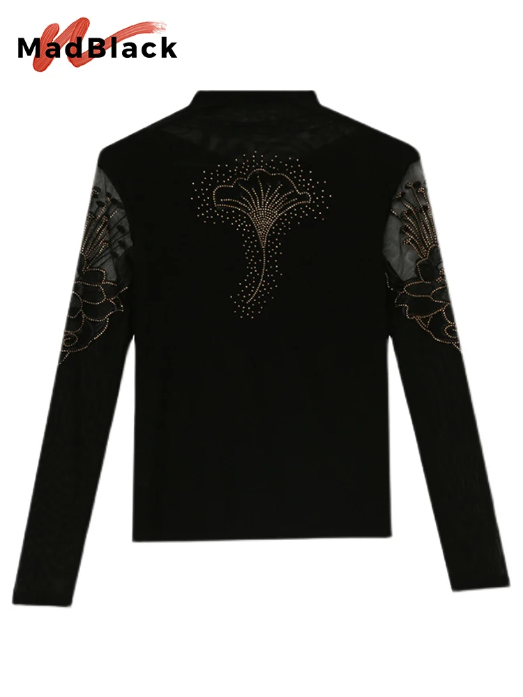 MadBlack Spring Mesh Turtleneck T-shirt Women Lace Shinny Diamonds Long Sleeves Slim Tops Sexy Tees Fall T31516X