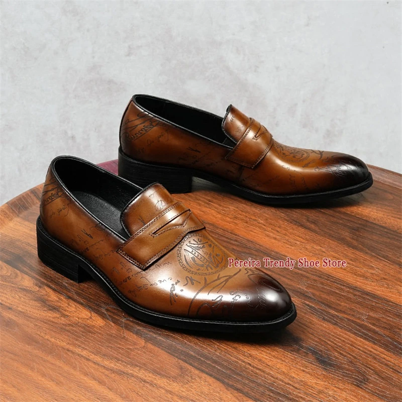 Men's Pointed Toe Cowhide Business Casual Shoes British Style Handmade Carved Patterns Loafers Summer Party Banquet Formal Shoes