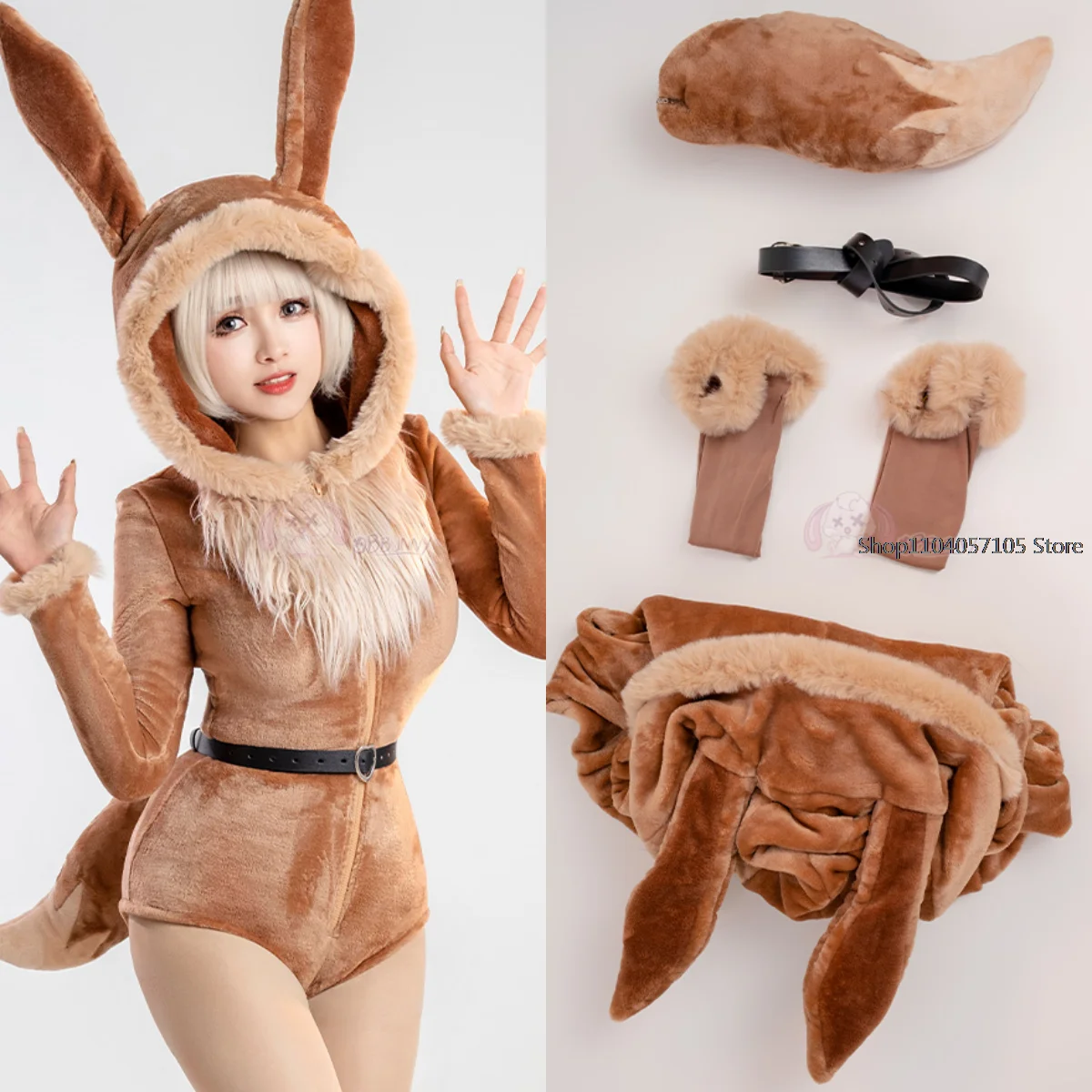 Anime Cosplay Costume Women Sexy Flannel Hooded Bodysuit Socks Suit Bunny Girl Cute Cartoon Plush Pajamas Jumpsuit Uniform