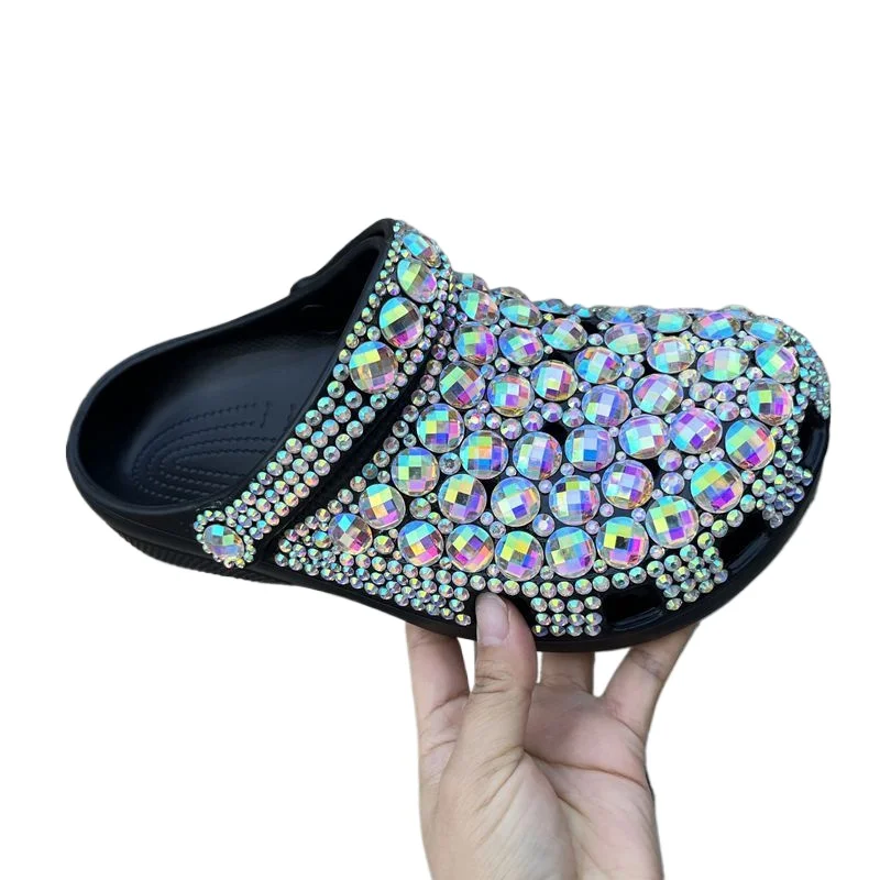 

EVA New Simple Hole Shoes Women's Summer Women's Slippers Handmade Diamond Sandals Shiny Big Diamond Black Slippers 36-45 Size