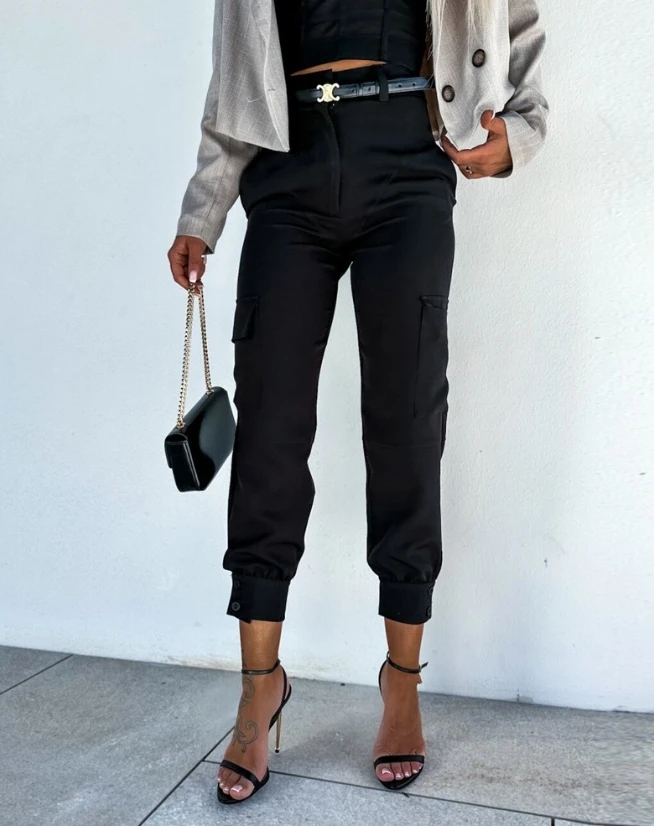 Женские брюки, модель 2023 года, осенние модные уличные брюки-карго с карманами и манжетами, повседневные облегающие брюки-карго с завышенной талией, брюки с манжетами