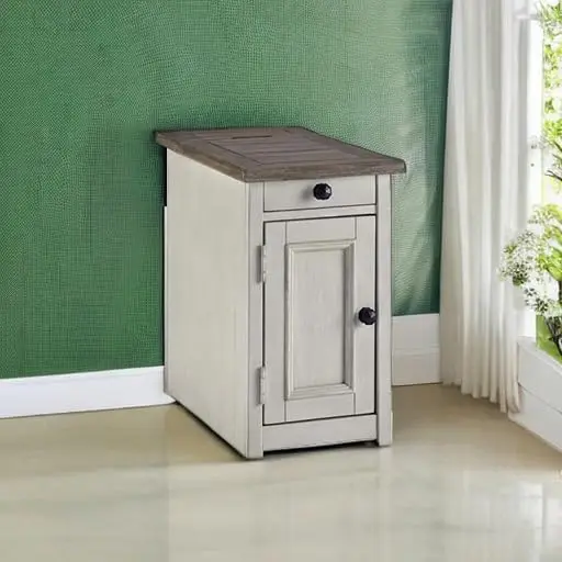 โต๊ะข้างเก้าอี้บ้านไร่โบลันเบิร์ก, พอร์ต USB 2 ช่อง, ถาดแบบดึงออกได้, ไม้, 14 นิ้ว กว้าง x 24.25 นิ้ว ลึก x 23 นิ้ว สูง, สีครีมโบราณและสีน้ำตาล