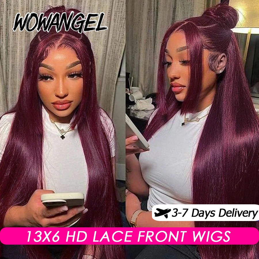 Pre Cut Lace Wigs 99J Burgundy 13x6 HD Lace Front Human Hair Wigs Brazilian Silk Straight Wigs Melt Skins Red Colored Wigs