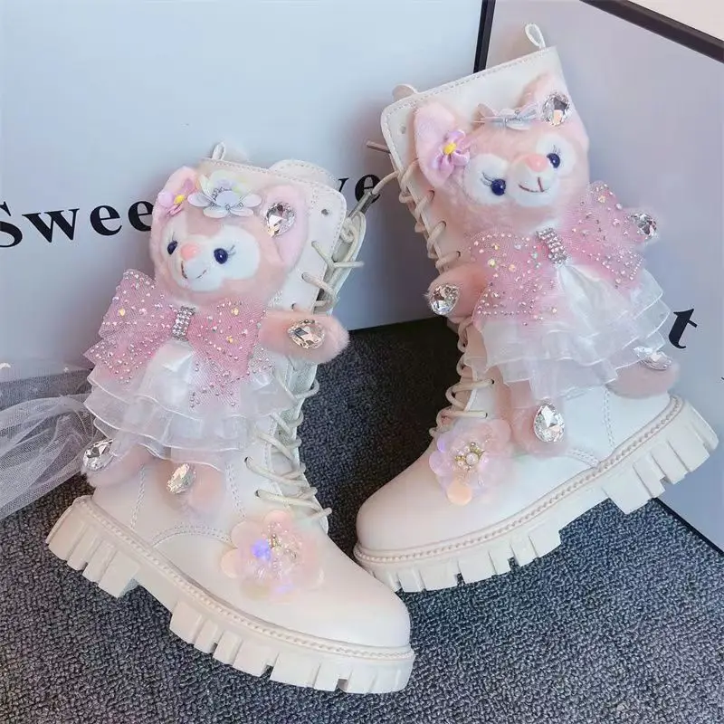 Girls\' High Boots 2024 Winter New Girls\' Cartoon Sweet Plush Princess Boots Children\'s White Fashion Cotton Boots Knight Boots