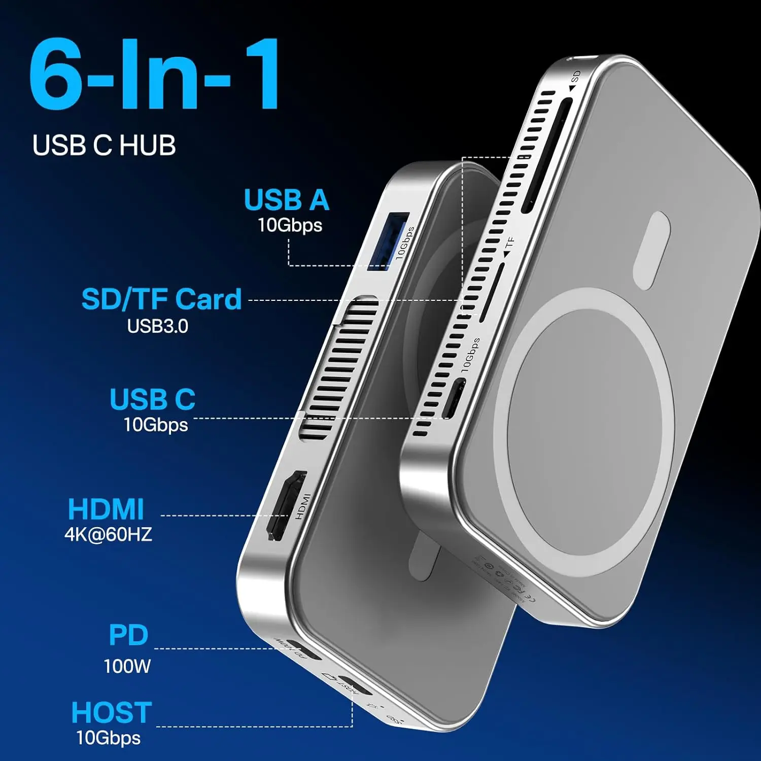 아카시스 마그네틱 M.2 NVMe SSD 인클로저 10Gbps USB C 도킹 스테이션 (쿨링 팬, HDMI 4K60HZ, SD/TF, PD 100W 지원, 아이폰 17/16 호환)