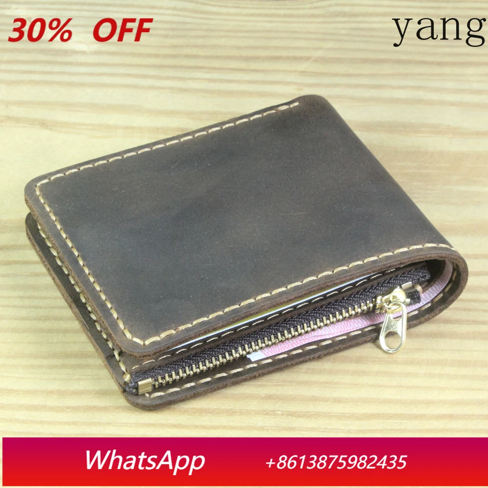 

andmade Genuine Leather Men Wallet Bifold Purse Male Wallets Short Money Clip Vintage Leather Money Bag with zip pocket