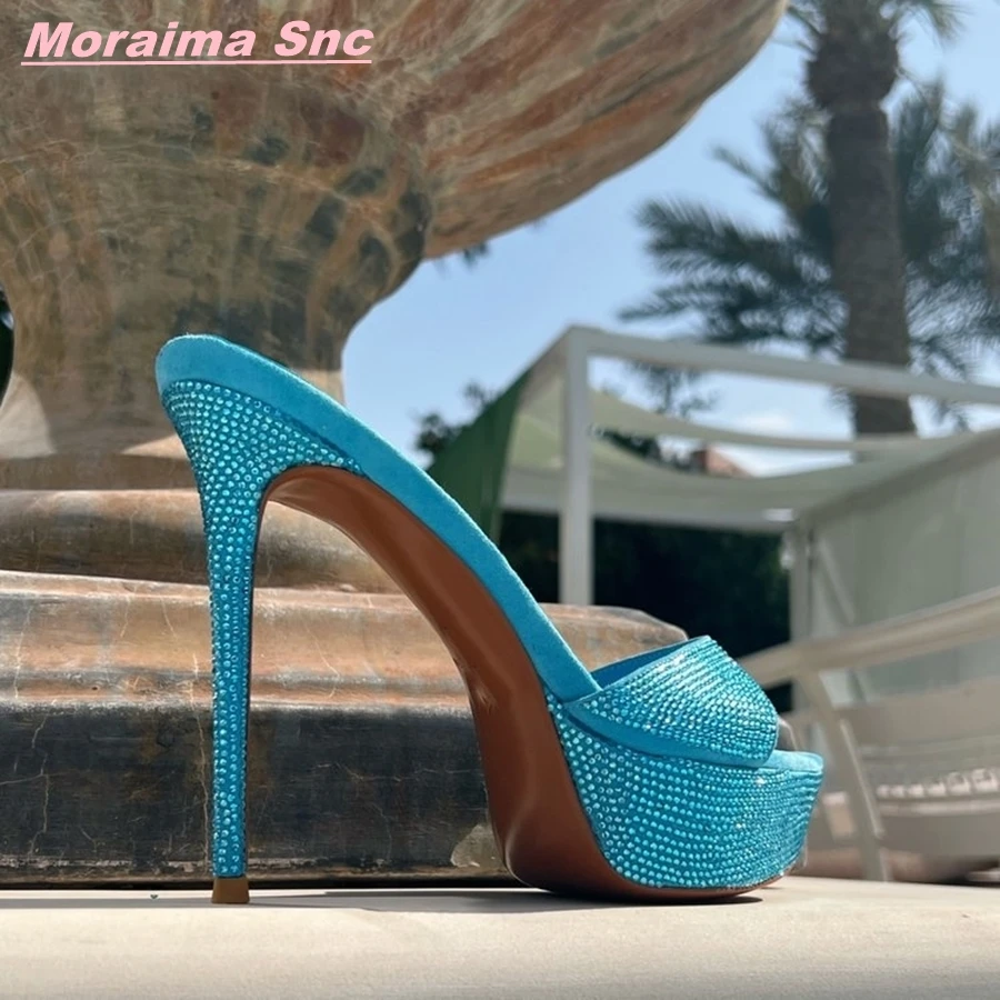

Blue Rhinestone Glitter Women Fashion Summer Slippers Stiletto Pointed Toe Solid Luxury Hollow Sexy Platform Shoes