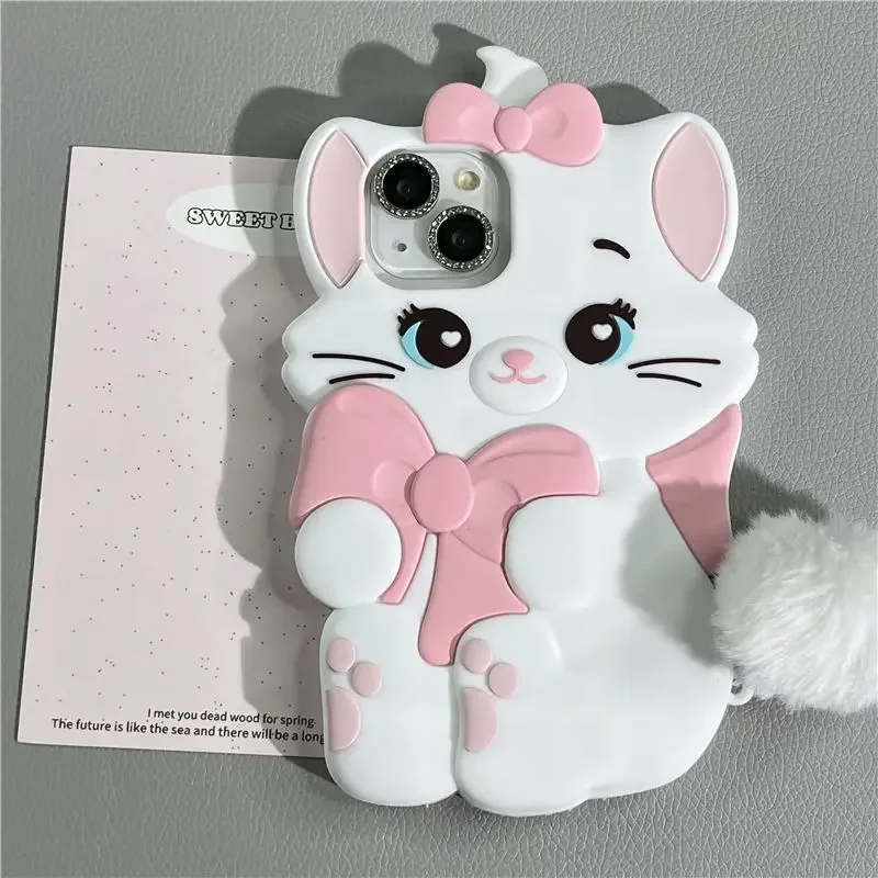 Disney Marie Cat Bow Cute Y2K Girl Gift Phone Case For iPhone 16 15 14 13 12 11 Pro Max Lovely Anti Drop Silicone Soft Cover