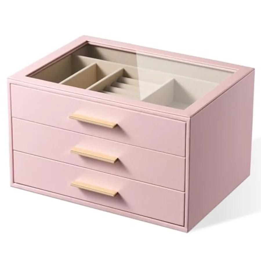 

Jewelry Box Organizer Case for Women: 3-Layer Jewelry Storage Case with Glass Window Pink Leather with Velvet Holder for Ring N
