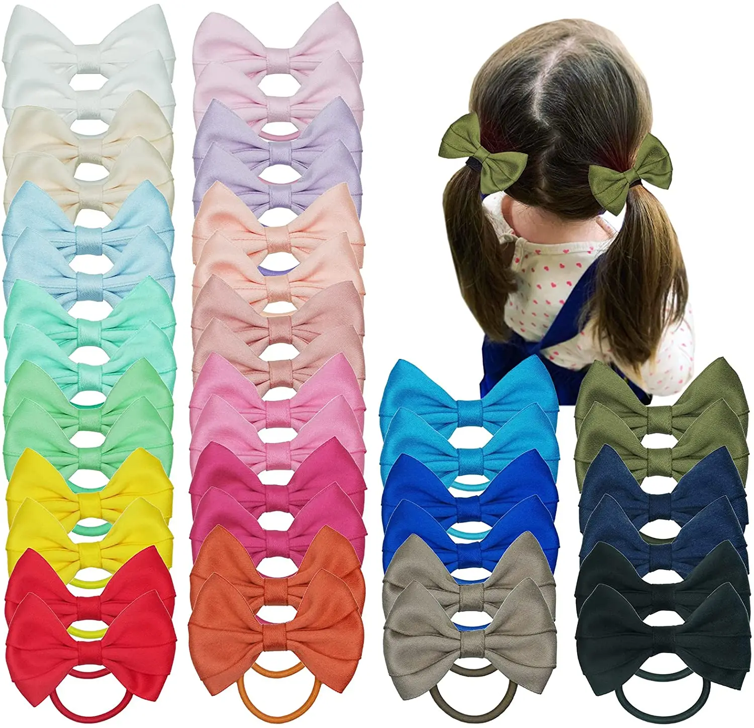 12Pcs Hair Bow Bobbles for Girls Hair Ties Pontial Bows Hair Bands with Cotton Blend Bows 3.5Inches, Hair Elastics for Girls