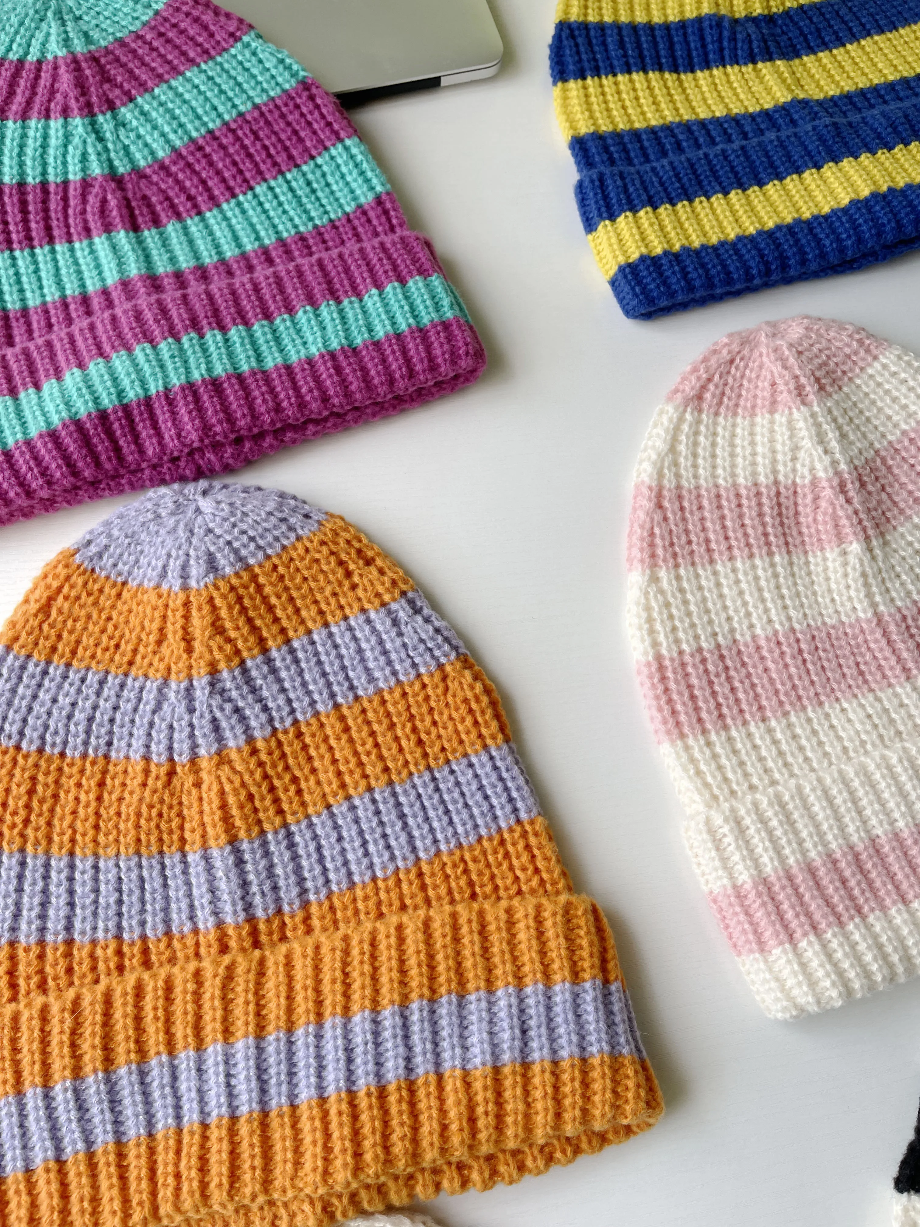 Unisex Winter Acrylic Knitted Cap Dopamine Color Stripe Warm big size 62cm Beanies for Women Cold Hat Casual Hip-hop Caps Female