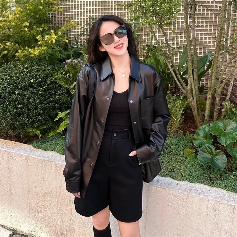 

Lightly Coated Single Lamb Skin Soft Elastic Casual Loose ket Leather Jaet irt Outerwear Women's Commute Sle Long Sl...