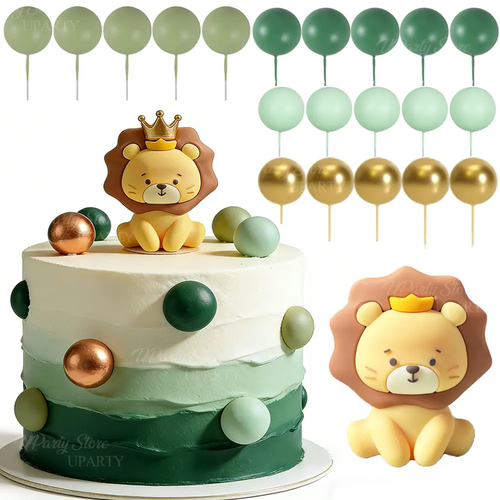 21 peças de Topos de Bolo de Animais da Selva em Metal Verde com Bolas de Espuma Verde, Topo de Bolo de Leão para Decoração de Bolo de Aniversário com Tema de Animais de Safari