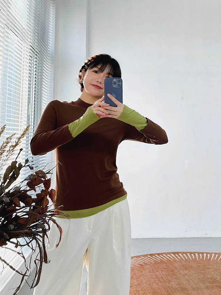 

Tangpi Camere Blend Long Sve T-irt Color Blo Base Layer Top f High Collar Casual Sle for Women in Winter