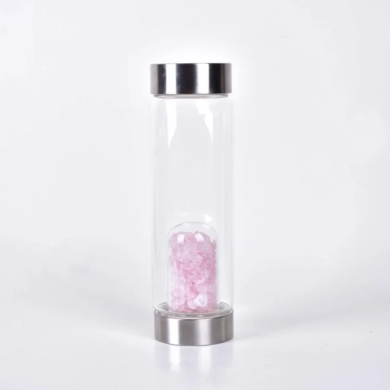 Natural Quartz Gemstone Crystal Glass Elixir Water Bottle Point Hand-Carved Healing Energy Stainless Steel Water Drink Bottle