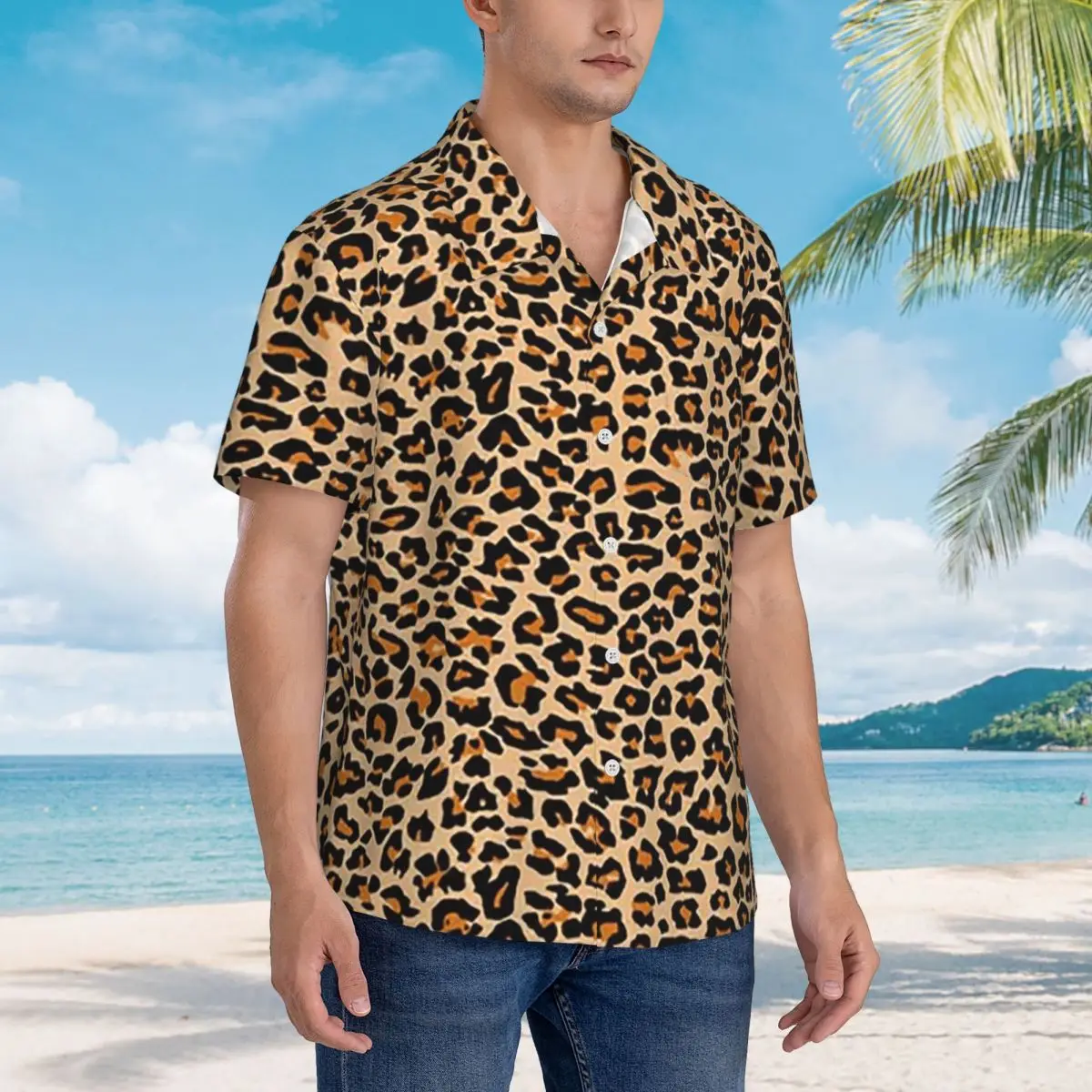 

Leopard Spotty Print Face Mask Hawaiian Shirts Casual Men Short Sleeve Shirt for Summer Beach Men's Button Tops