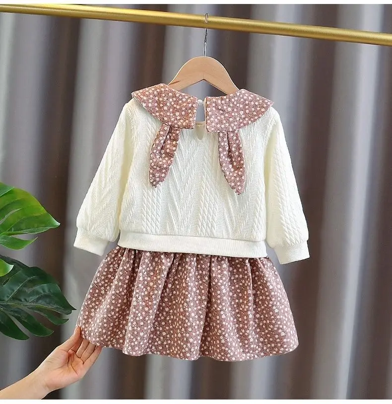 Children\'s Autumn New Dress Girl Baby Cute Fake Two-piece Dress Princess Floral Dress Free Rabbit 2 4 6 7Y