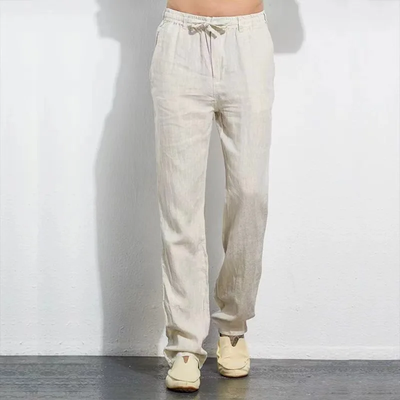 Vintage Men จีบผ้าฝ้ายลินิน Casual กางเกง Drawstring ซิปด้านข้างเอวยางยืด Comfort Breathable กางเกงชายหาดกางเกงตรง