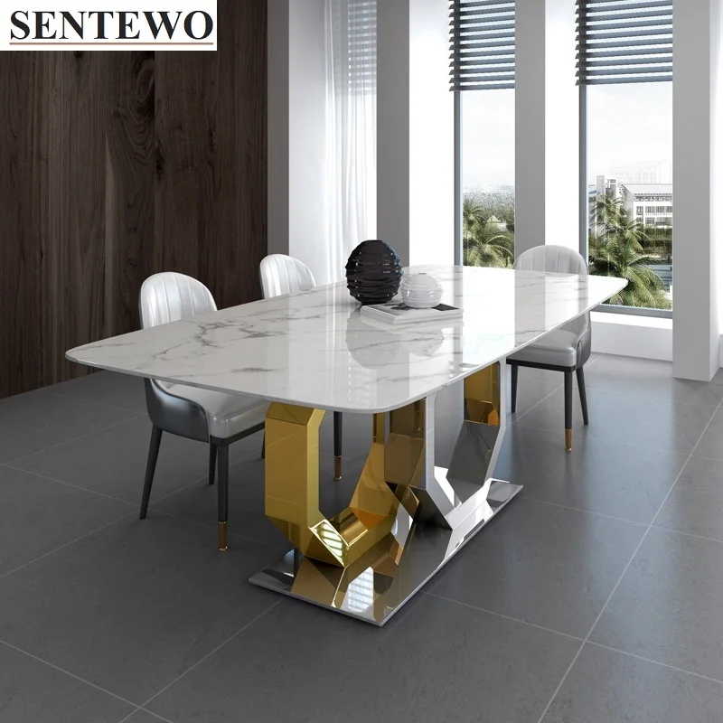 SENTEWO Luxury Marble Dining Table Set 8 Dinning Chairs Metal Titanium Glaze Gold Base Dinner Table Chair Set Meubles Cuisine