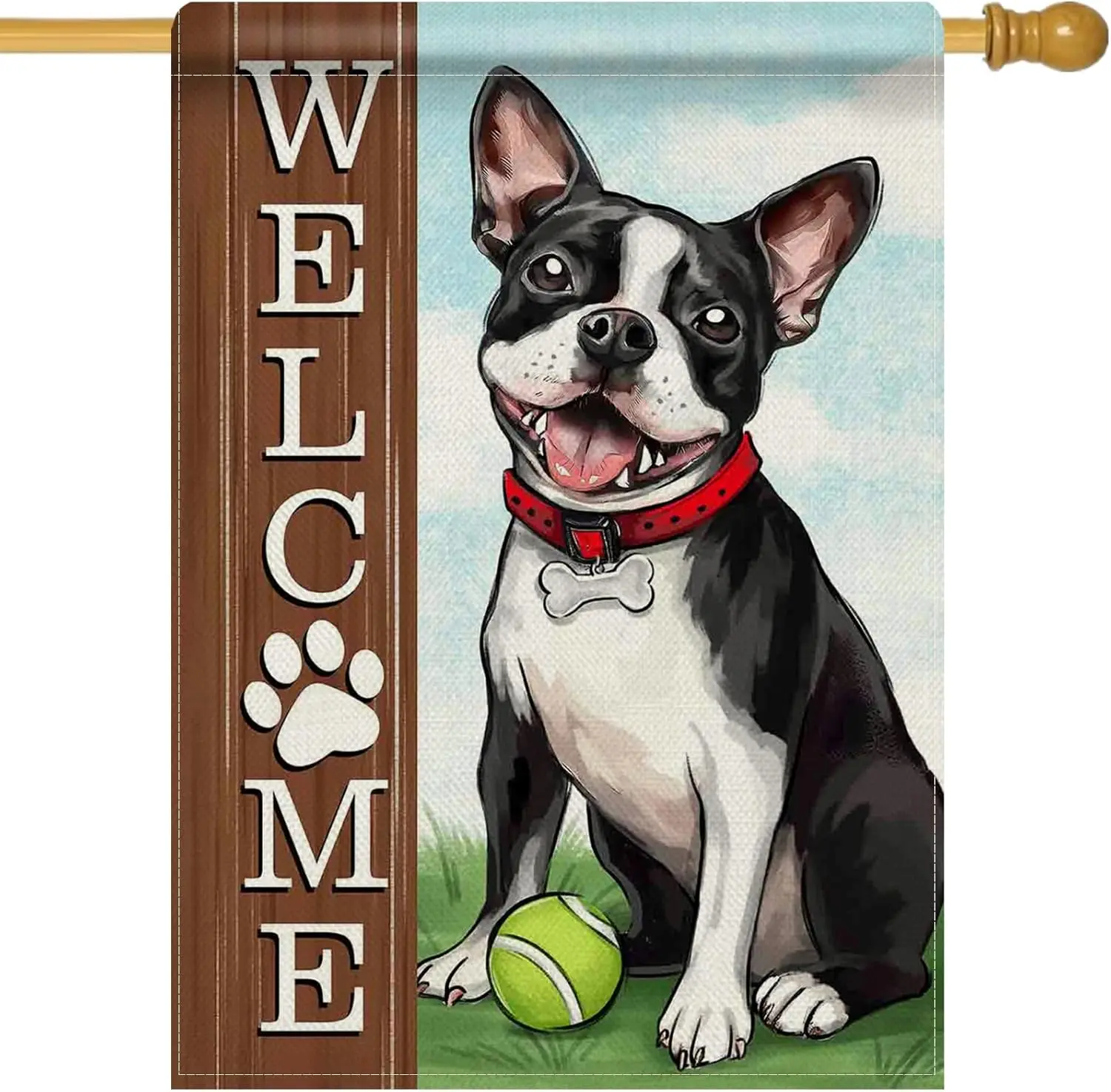 Dyrenson Welcome Boston Terrier Dog 28 X 40 House Flag Double Sided, Spring Summer Paw Prints Tennis Garden Yard Decoration LLX
