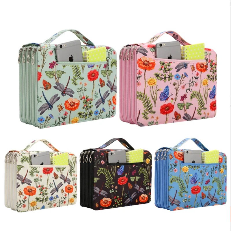 Vibrant Dragonfly and Floral Pencil Case—200/250/300 Hole Design, Durable Fabric Storage Bag, Suitable for Pencils, Markers, Scissors—Portable Office Art Supplies Organizer, Dragonfly Decoration, Art Supplies Storage, Colorful Illustrations, Sturdy Structure, Portable Single-Piece Colored Pencil Organizer, Keeps Your Desk Tidy and Clean