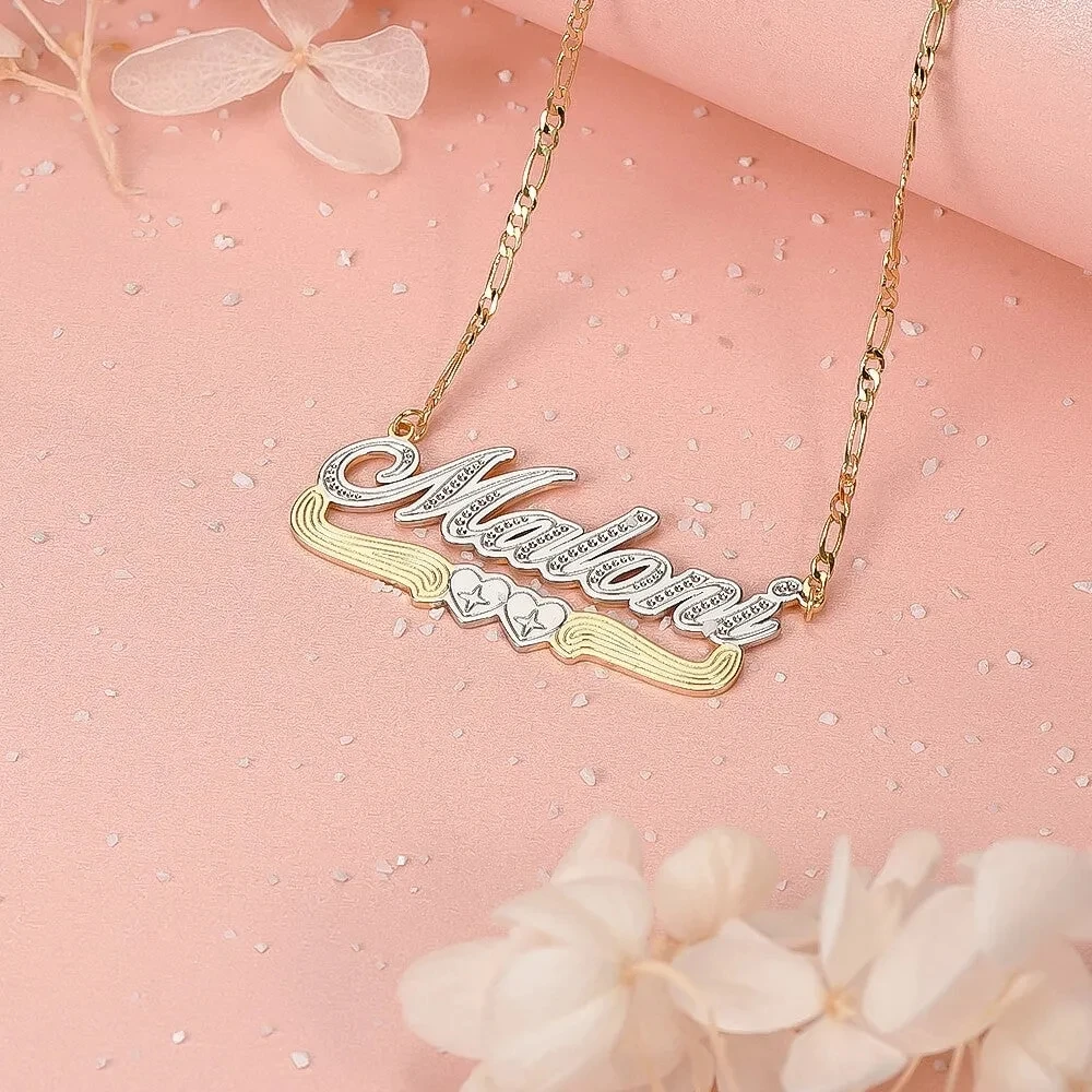 Customized Two Tone Two Heart Custom 18K Gold Plated Name Necklace Personalized Double Plated Name Pendant For Women Necklace