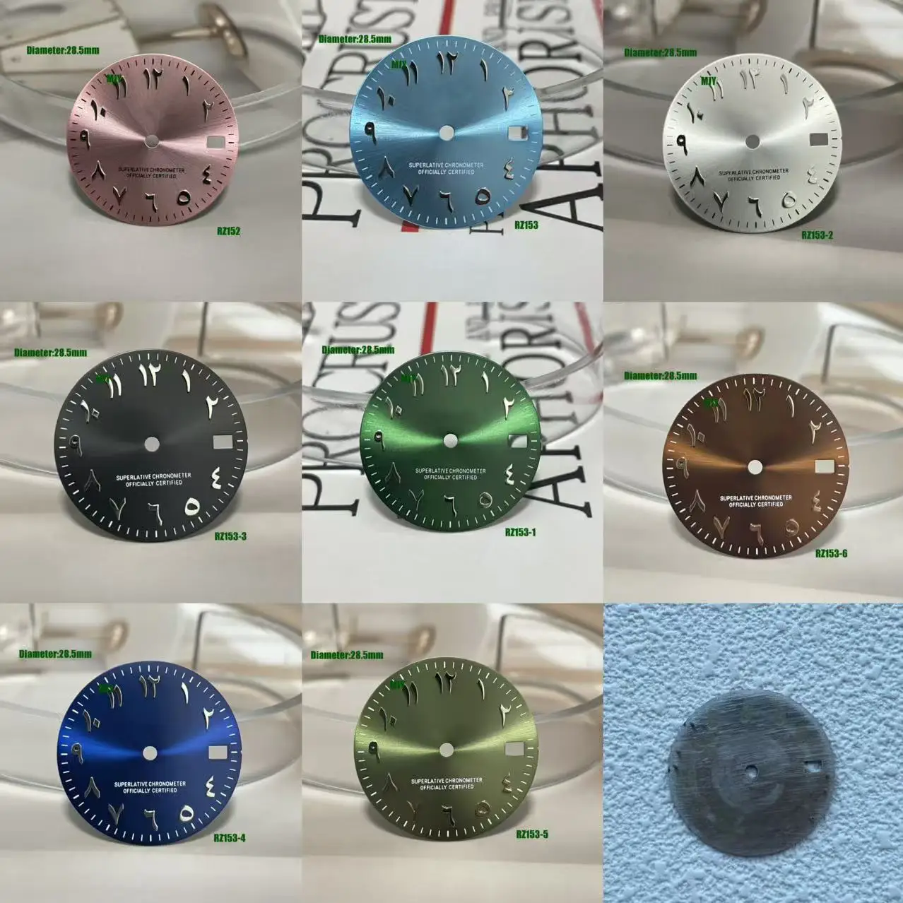 28,5 mm arabische Ziffer, grün, silberfarben, blau, schwarz, S-Logo-Zifferblatt, NH35-Automatikwerk