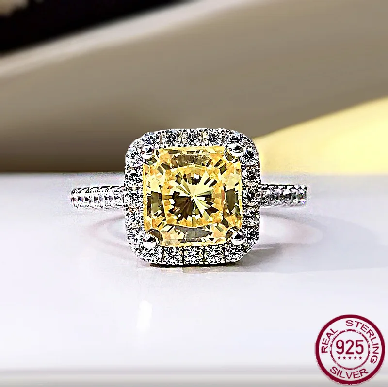 

New S925 Silver European Beauty Pink Diamond Yellow Diamond White Diamond 7 * 7 Pillow Shaped Group Inlaid Silver Ring Versatile
