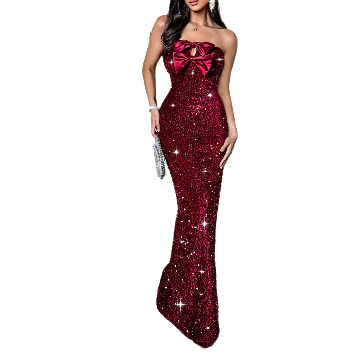 ชุดราตรียาวเซ็กซี่สำหรับผู้หญิง ฤดูใบไม้ร่วงและฤดูหนาว ทรงเอวสูงเข้ารูป กระโปรงทรงหางปลา ช่วงอก