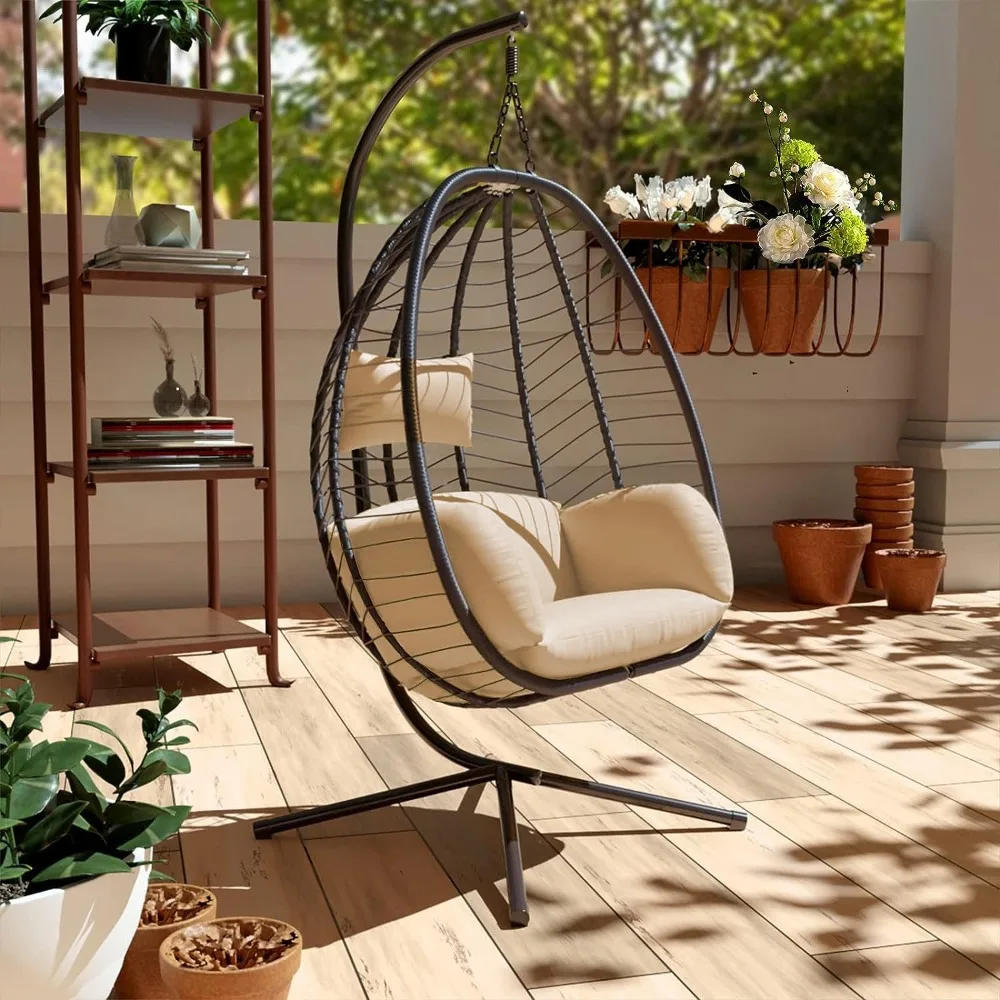 Outdoor Hanging Egg Chair with Stand,Indoor Swinging Chair Patio Wicker Hammock Egg Chair with Thicken Padded Cushions,Indoor 3