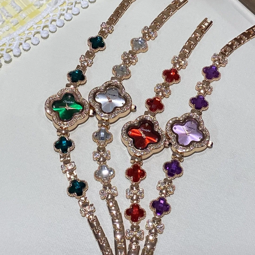 Reloj de pulsera de trébol para Mujer con incrustaciones de cuarzo y diamantes Reloj de pulsera de lujo a la moda para Mujer Reloj para Mujer