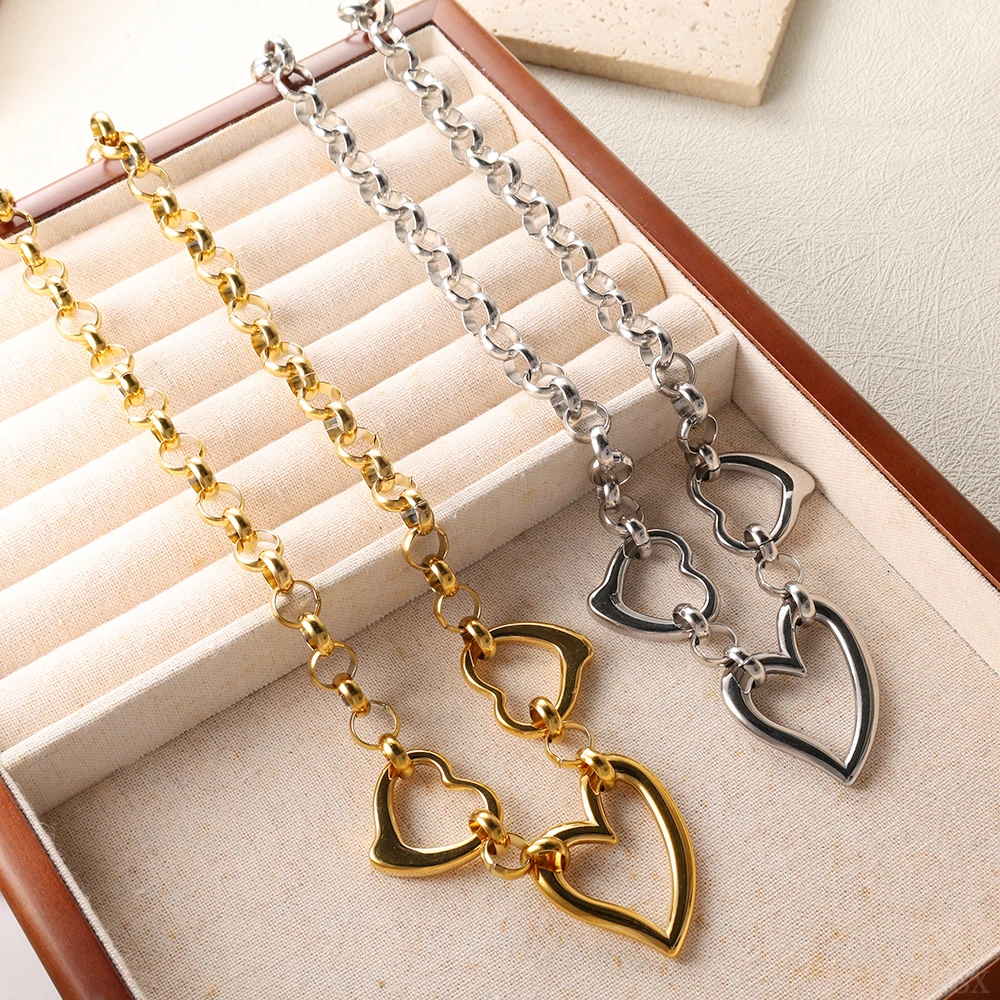 Three Hollow Love Necklace Women Punk Stainless Steel Choker Chain Heavy Couple Necklace Hypoallergenic Daily Wear Heart Jewelry