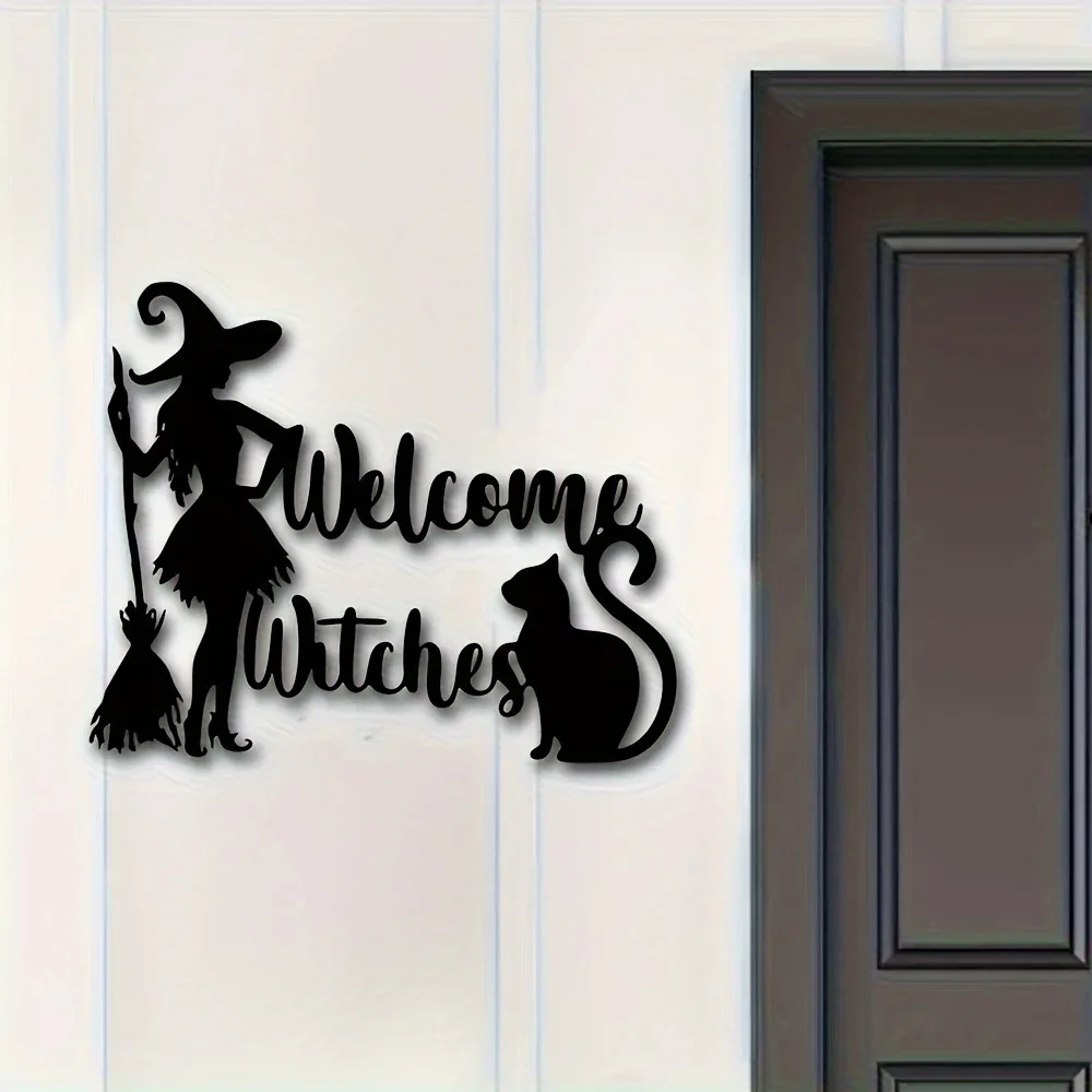 CIFBUY Witch Cat Broom Metal Wall Plaque, 2D Flat Iron Hanging Sign, Welcome Decor for Doorway Outdoor Home