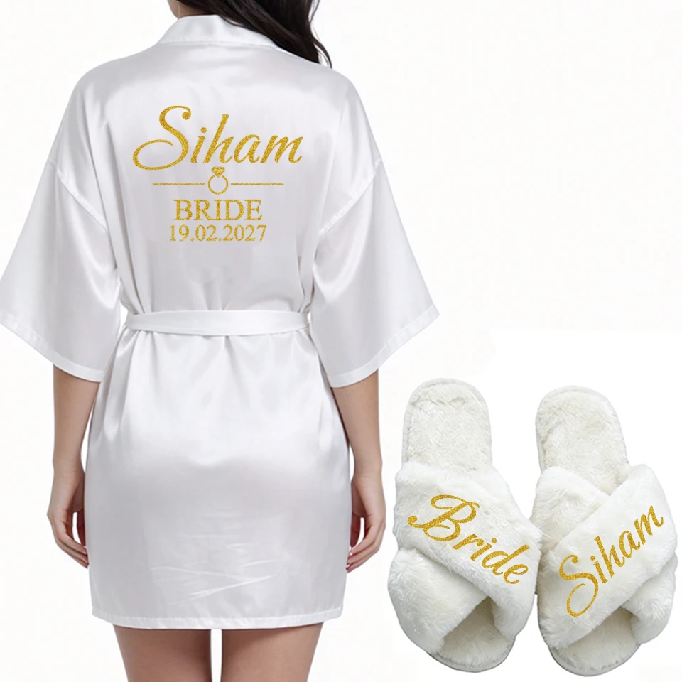 Customizable Personalized Robe for Bride Bridesmaid with Name And Date Birthday Party Gown Add Any Text Bathrobe - Unique Giftin view 2