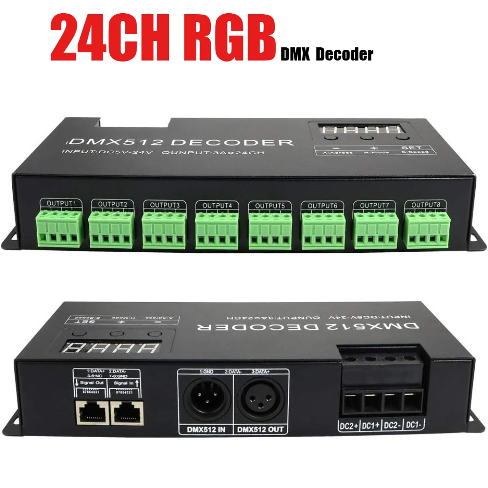 LED DMX 24CH Digital Display RGB Decoder Dimming LED DMX 512 Controller for RGB Strip Light DC5-24V 3A/CH