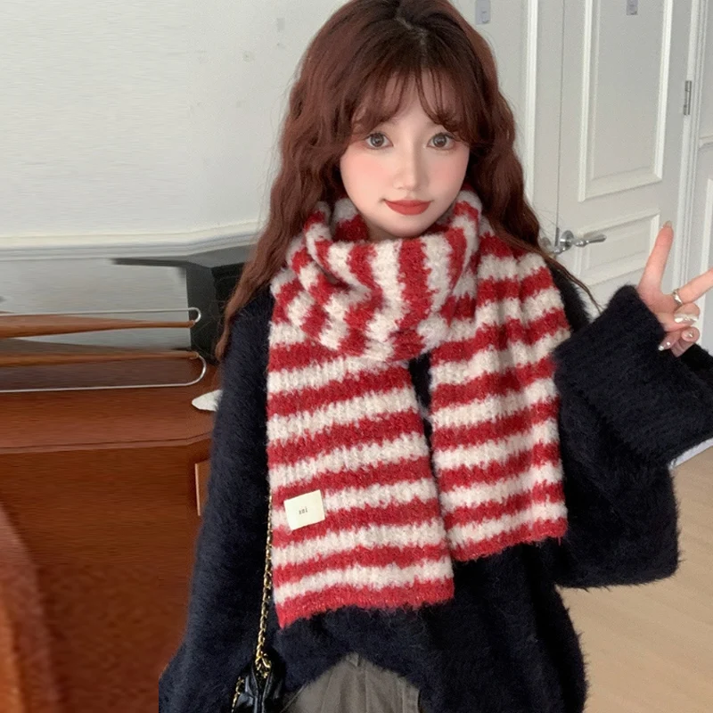 Red Stripe Soft Glutinous Knitted Scarf Women Autumn And Winter 2025 Korean Series Atmosphere All-match Thick Warm Scarf