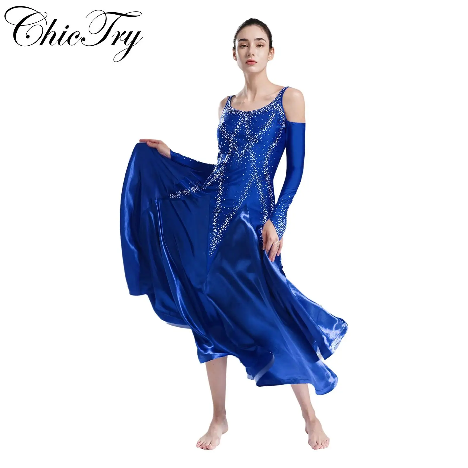 Womens Rhinestones Ballroom Lyrical Dancing Dress Professional Modern Waltz Tango Practice Competition Dress Dance Performance