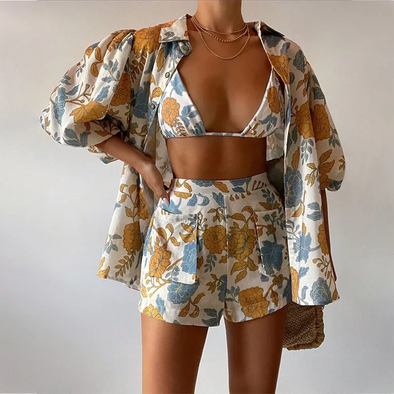 

Sexy Lapel Long-sleeved Shirt Top Suspenders Shorts Three-piece Sunflower Printing Set Women Fashion Casual Elegant Office Suit