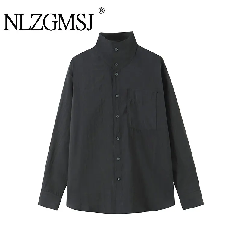 

NLZGMSJ 2026 Spring Casual Chic Women Blouse Gray Solid Stand Collar Long Sleeve Single Breasted Loose Blouse New Fashion Shirts