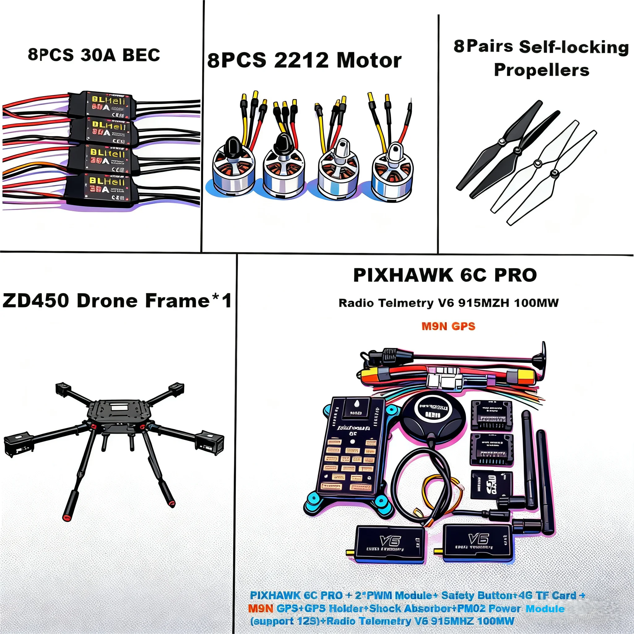 Rctosky F450 6C PRO M9N Dual motor Flight FiberFrame Kit Ardupilot 100MW Radio Telemetry Quadcopter BLHELI 20A 2212 Motor ESC