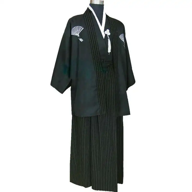 Kimono samurai tradizionale giapponese nero per uomo Yukata Accappatoio Hekoobi Stile sciolto Sauna Wear Homewear Cintura Abito lungo
