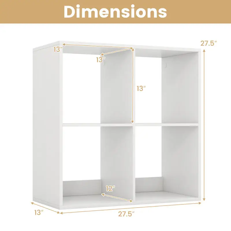 4 Cube Bookshelf with Back Guardrail for Living Room Bedroom-White