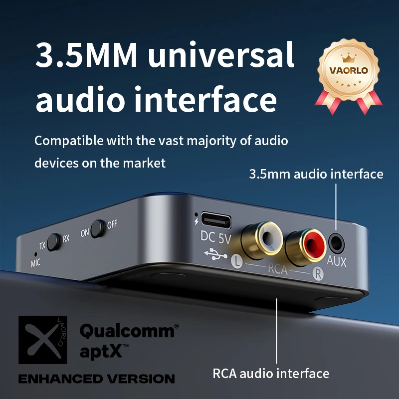 VAORLO 2in1 aptX 블루투스 5.4 오디오 수신기 송신기 3.5MM AUX RCA aptX-적응형 AD/HD/LL AAC 멀티포인트 HiFi 무선 어댑터 (마이크 포함) 차량용 PC TV 헤드폰 스피커