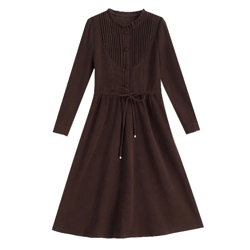 

Women Solid Dresses Mid Length Dress Button Long Sleeve Round Neck Drawstring Waist Cinched Thick Elegant 2025 Autumn Winter