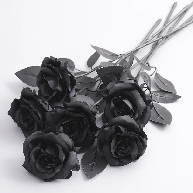 YOMDID 5Pcs Silk Black Rose Artificial Flower Head Bouquet Home Living Room Wedding Halloween Chritmas Decor New Year Decoration