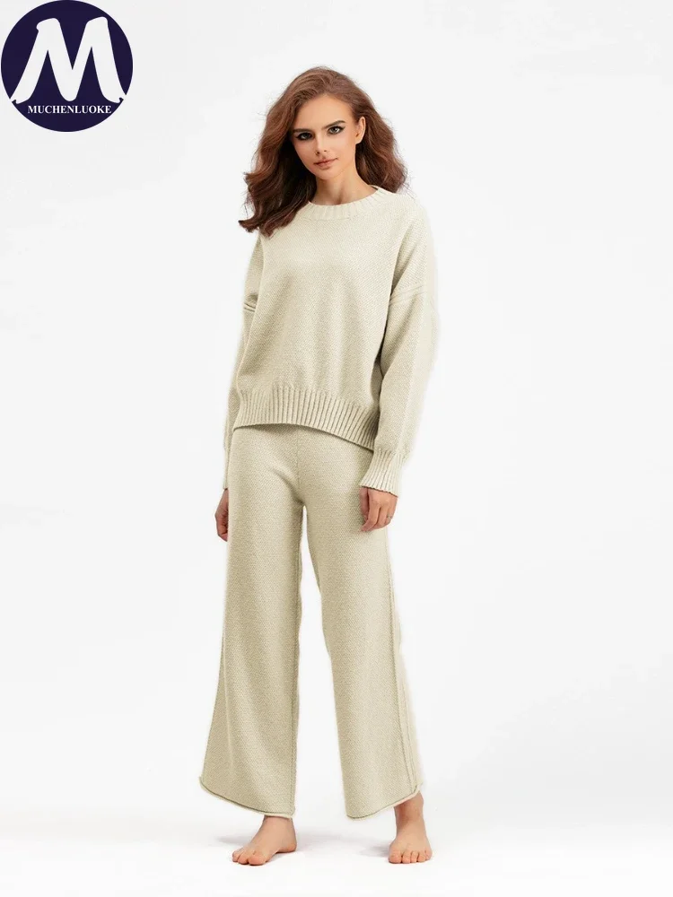 Conjunto de duas peças feminino outono inverno novo casual o pescoço manter quente camisola de malha moda solta engrossar calças de perna larga conjuntos