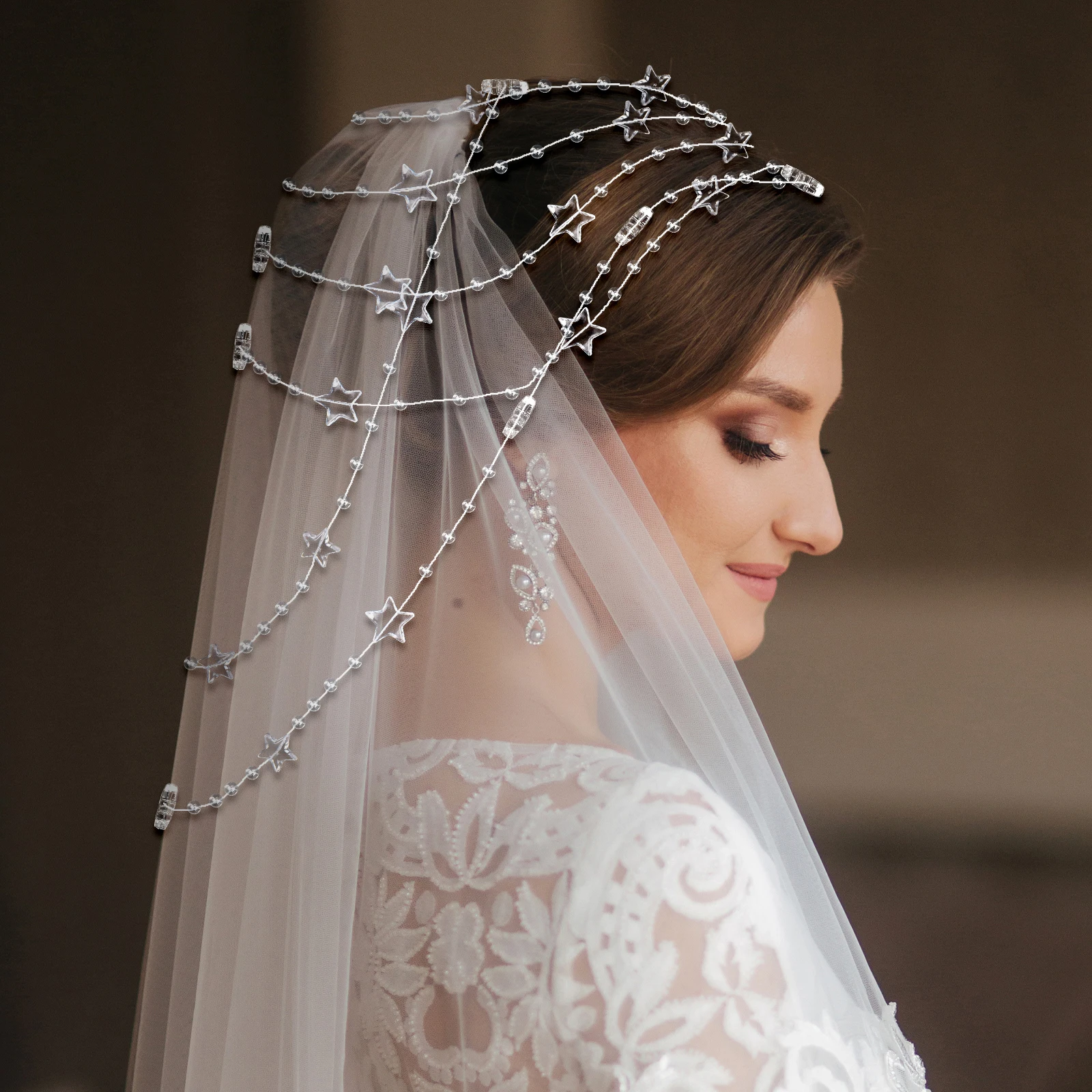 5 متر/16.4 قدم خيط صنارة الصيد سلسلة سلكية مع حبات القلب والنجمة ، إكسسوارات مجوهرات ذاتية الصنع لحفلات الزفاف ، شعر الزفاف ، قلادة #6